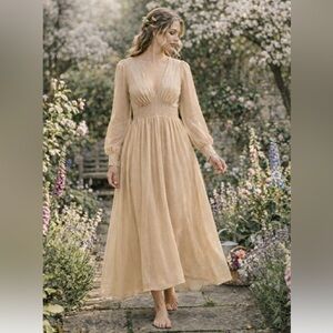 Baltic Born Gold Tan Shimmer Juliette Maxi Dress Sheer Sleeves Gown Smocked XS